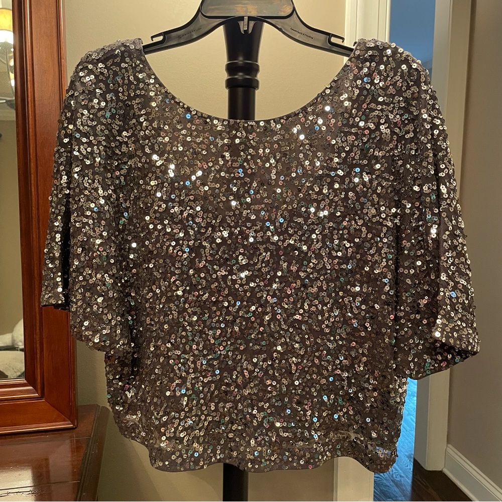 NWT Sequin Dolman Sleeve Cropped Blouse with Scoop Back